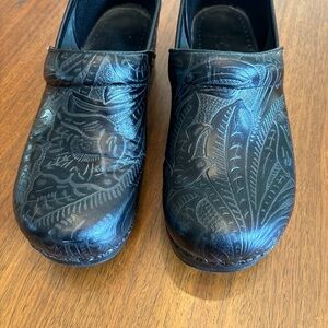 Dansko Black Leather Embossed Clogs